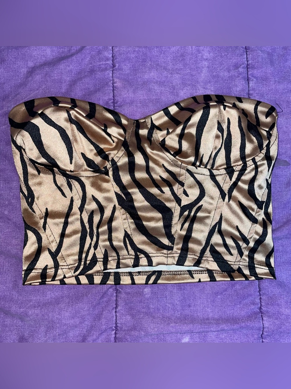 Strapless Animal Print Satin Bustier Top - Black and Gold